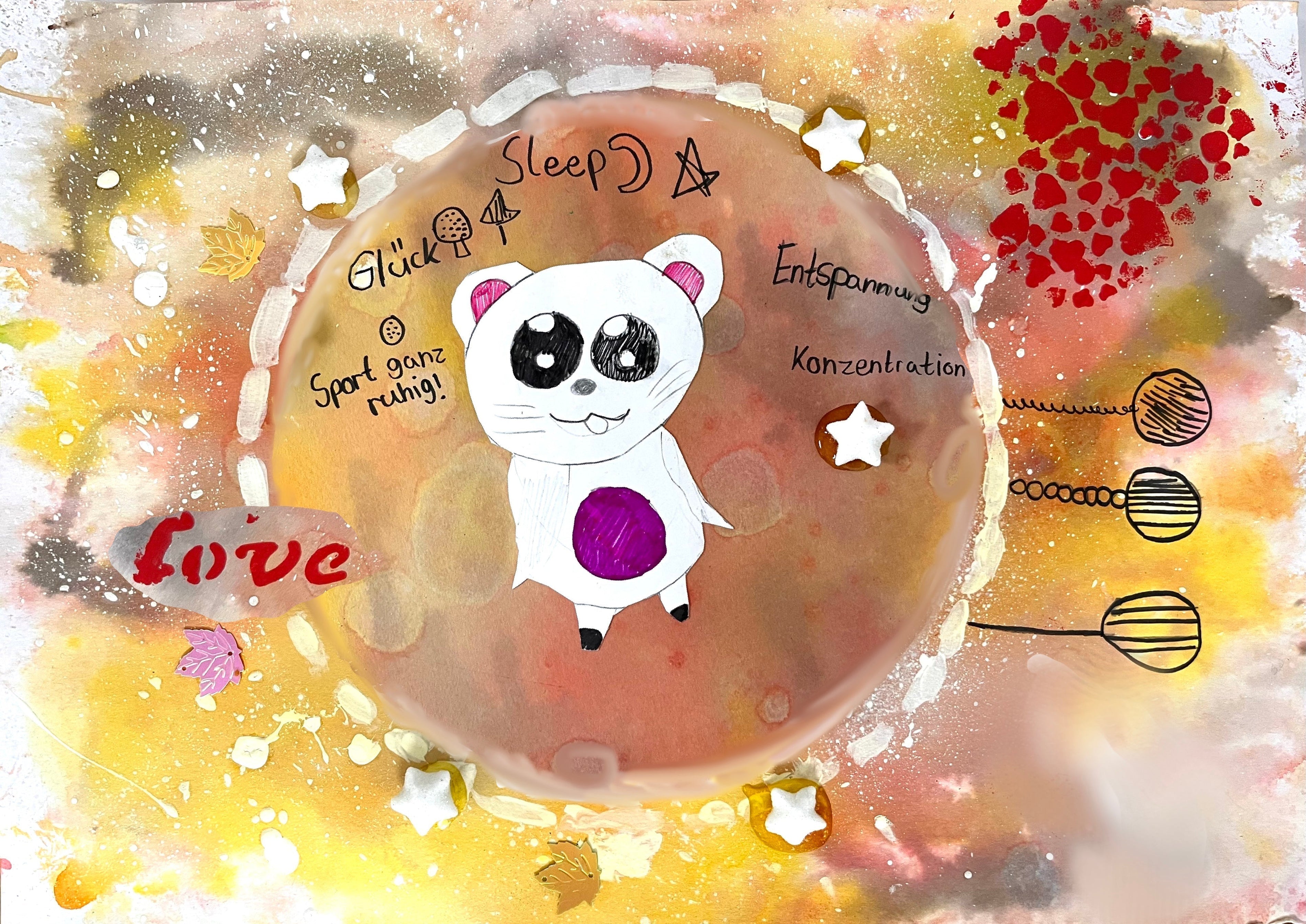 Selbstgemaltes Pandabär-Aquarellbild eines Kindes aus dem Malkurs als Beispiel für emotionale Tierkommunikation an der PINSELTANTE® Akademie.