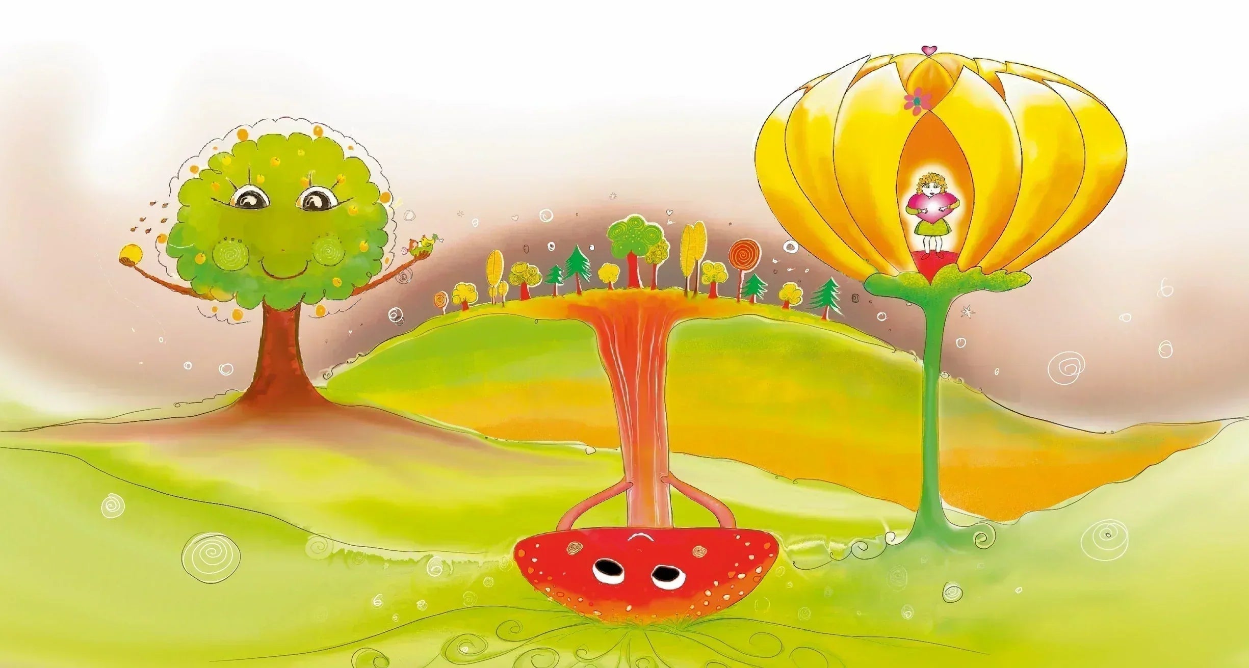 Selbstgemaltes buntes Aquarellbild mit Bäumen und Heißluftballon als Symbol für persönliches Wachstum in der Kreativcoach-Ausbildung.