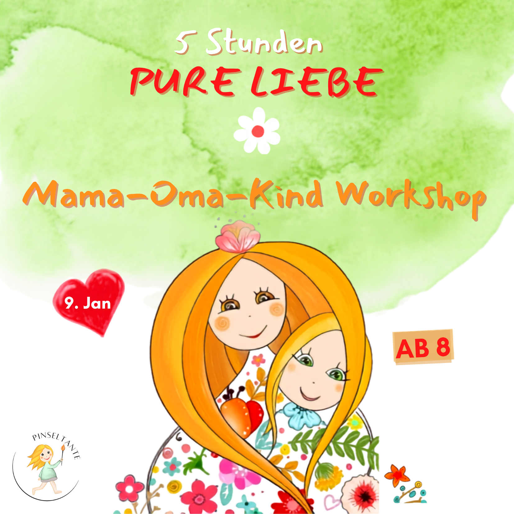 Mama mit Kind Illustration für Mutter Kind Workshop PINSELTANTE am 9. Januar 2027