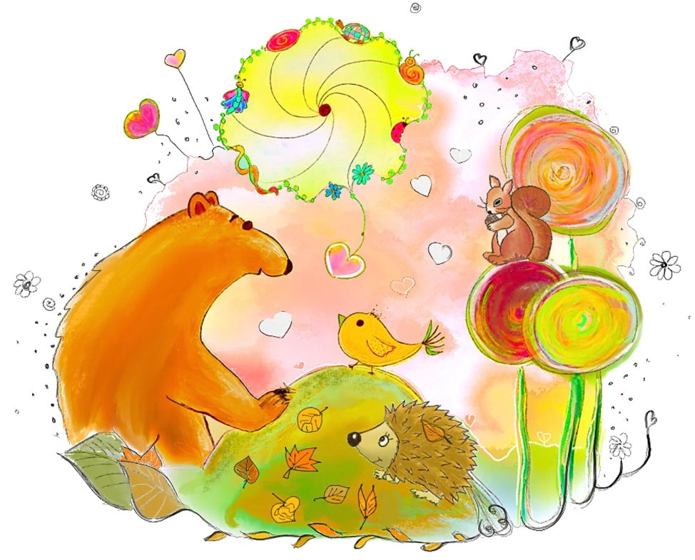 Liebevoll gemaltes Waldmotiv mit Bär, Igel, Vogel, Eichhörnchen und bunten Bäumen